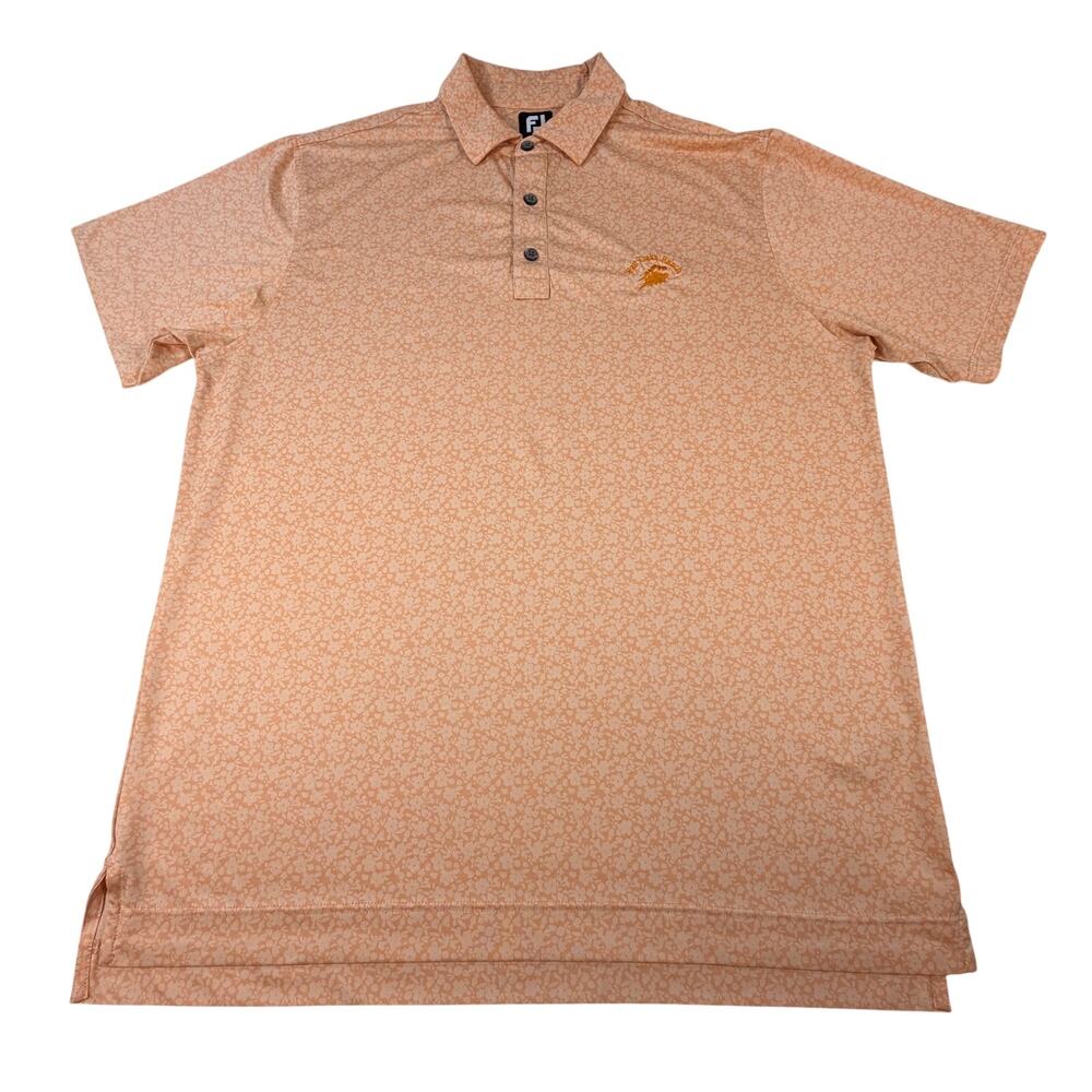 FootJoy Flower Print Lisle Self Collar Fair Oak GC Golf Polo Shirt Orange Men Lg